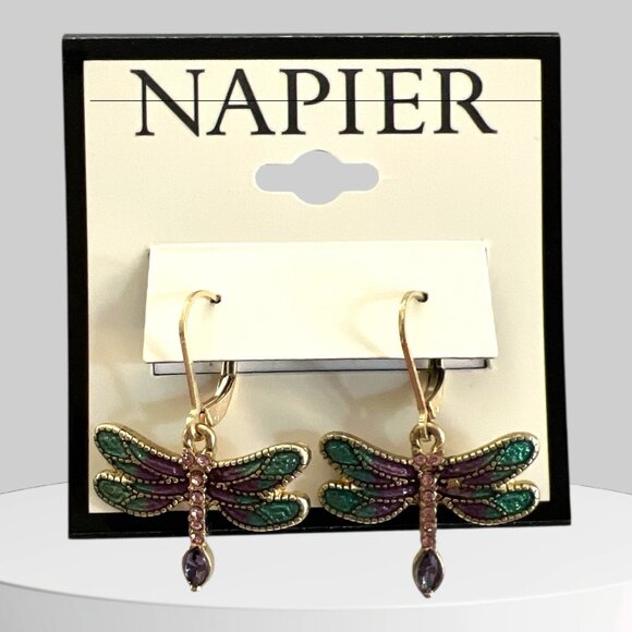 Napier 1 3/8" Gold Tone/Multicolor Dragonbly Leverback Earrings-NWT - Picture 1 of 1